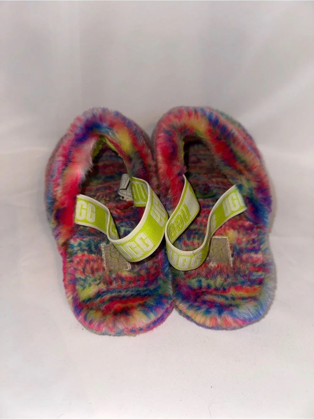 UGG Kids Neon Rainbow Fuzzy Slide Sandals in Multicolor